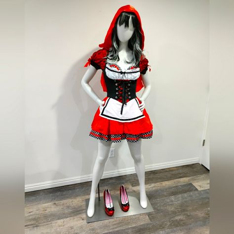 Little Red Riding Hood Costume, Riding Hood Costume, White Thigh Highs, Red Rising, Red Riding Hood Costume, Black Bows, Halloween Custom, Glitter Pumps, Leg Avenue