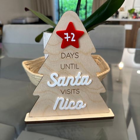 Personalized Days until Santa visits dry erase sign. Christmas Countdown. Stand Christmas Tree. Keep the countdown untill christmas written on the Star with a white chalk marker.  ** (Chalk marker not included)  I T E M ~ D E T A I L S  - Size:  7.75" x 6.75". - Laser cut and engraved, made out on 1/8" plywood and acrylic. - You can choose the color of the star. - Christmas Tree is self standing. **All items are made from natural materials, that will have different grain and texture differences, Christmas Tree Countdown, Santa Countdown, Sleeps Until Christmas, Chalk Marker, Star Christmas, Chalk Markers, Beautiful Items, White Chalk, Christmas Sign