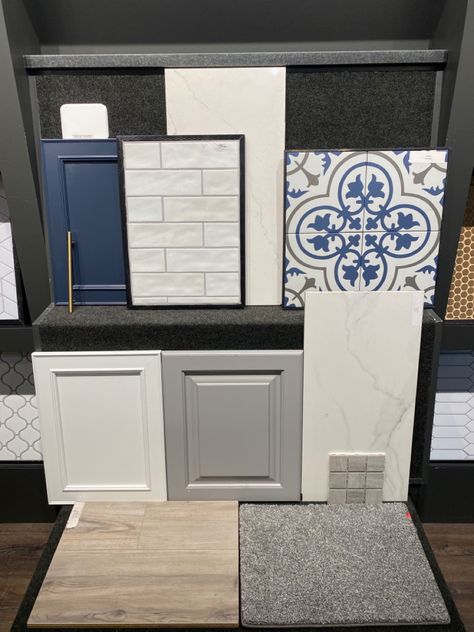 Design studio selections for a blue kitchen island. Navy Blue Island Kitchen, Blue Island Kitchen, Alternative Countertops, Blue Kitchen Island, Mess Hall, Blue White Kitchens, Sweet Home Design, Blue Living Room Decor, Painted Kitchen Cabinets Colors