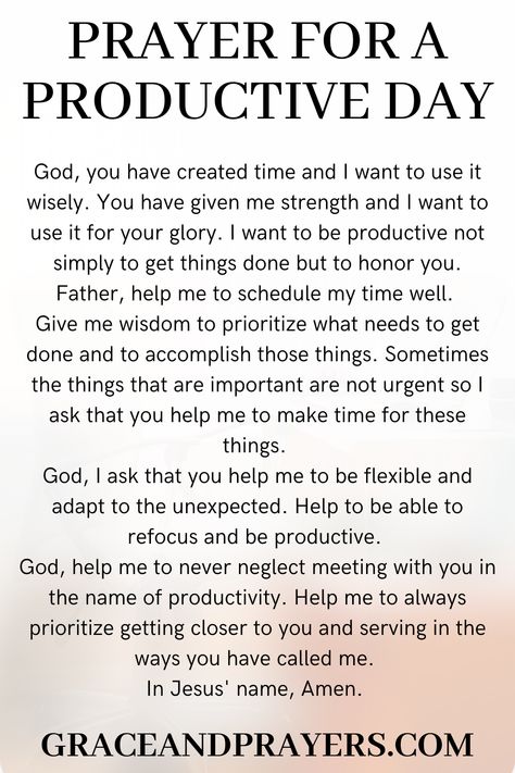 Are you seeking prayers for productivity? Then we hope that these 7 prayers will help you be productive in the things that matter to you! Click to read all prayers for productivity. Prayers For Productivity, Prayer To Start The Week, Inspirational Morning Prayers, Sinners Prayer, Warfare Prayers, Morning Devotion, Prayers Of Encouragement, Healing Prayer, Spiritual Warfare Prayers