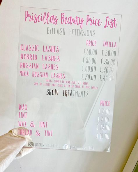 Price List Acrylic Sign, Acrylic Price List Sign, Lash Extensions Price List, Lash Price List Ideas, Eyelash Extensions Prices, Russian Lashes, Lash Room, Lash Tech, Price Chart