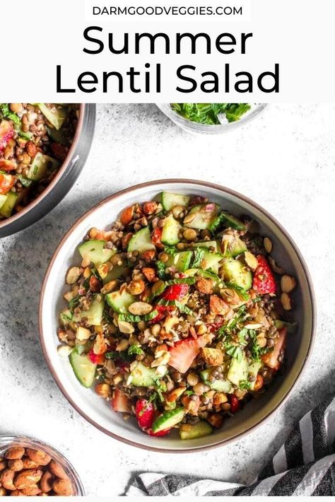 This healthy Summer Lentil Salad recipe is full of crisp cucumbers, sweet strawberries, crunchy almonds, and is marinated in a bright and herby dressing. On the table in 30 minutes! Lentil Salad Vegan, Lentils Recipes, Lentil Salad Recipes, Healthy Bowl, Summer Flavors, Food Infographic, Healthy Bowls, Healthy Summer Recipes, Strawberry Salad