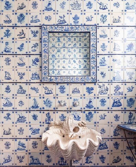 Sophie Robinson (@sophieeleanor95) • Instagram photos and videos Shell Sink, Blue And White Tiles, Blue And White Tile, Lisbon Apartment, Portuguese Tile, Delft Tiles, Portuguese Tiles, The Color Wheel, Room Tiles