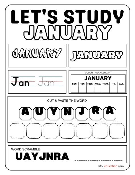 Free Let's Study January Worksheet Check more at https://kto5education.com/free-lets-study-january-worksheet/ January Worksheets, January Word, January Colors, Creative School Project Ideas, School Project Ideas, Boys And Girls Club, Worksheets For Kindergarten, Phonics Worksheets, Writing Worksheets