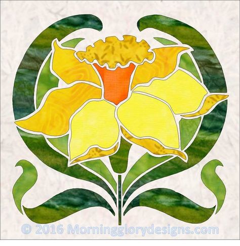 Deco Garden Bonus Block 13 Daffodil 1 March Daffodils, Morning Glory Design, Beading Tips, Deco Garden, Album Quilt, Fairy Tale Crafts, Block 13, Garden Blocks, Tiled Quilt