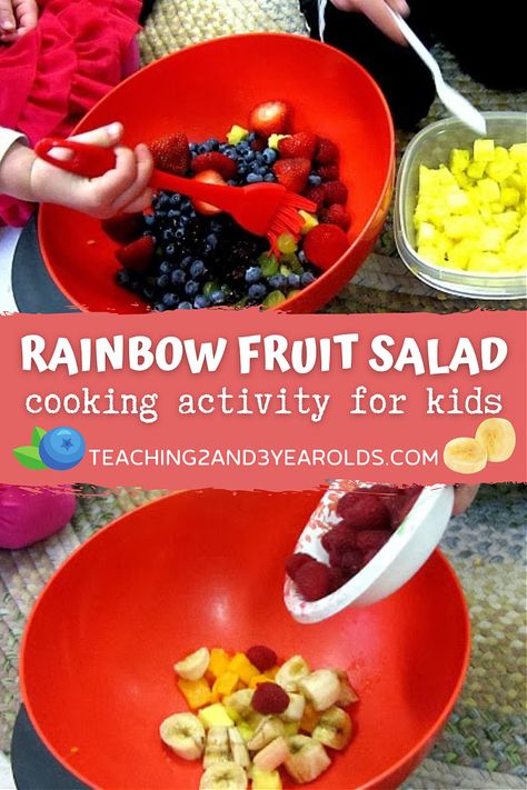 Learn about the colors of the rainbow while making this tasty fruit salad with your preschoolers! #rainbow #fruit #recipe #cooking #kids #colors #healthy #preschool #classroom #literacy #teaching2and3yearolds Fruit Salad Preschool Activities, Fruit Toddler Activities, Fruit Salad For Kids, Circle Time Activity, Rainbow Fruit Salad, Thema Fruit, Preschool English, Salads For Kids, Preschool Shapes