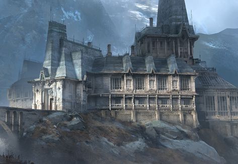 ArtStation - Taxidermist's Manor Manor Concept Art, Fantasy Manor Art, Fantasy Manor Interior, Fantasy Manor Concept Art, Fantasy Manor, Medieval Mansion Concept Art, Medieval Manor Concept Art, Rdr2 Braithwaite Manor, Mountain Castle Concept Art