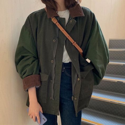 Corduroy Zip Jacket Product Information Material:: Cotton Color:: Green Catalog No.:: 1095745093 SizeTotal LengthShoulder WidthBust M6751118 L6852122 There may be a 2cm - 4cm variance in product size Preppy Basics, Hip Hop Jacket, Khaki Jacket, Casual Outerwear, Vintage Patchwork, Cargo Jacket, Streetwear Casual, Oversized Jacket, 가을 패션