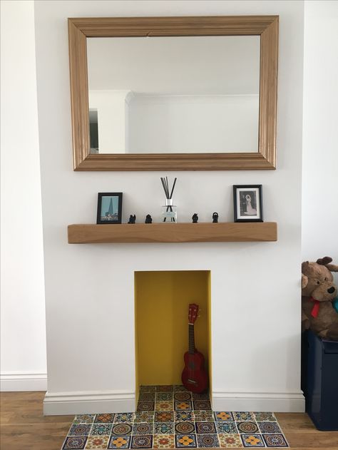 Finally a photo of the completed project. Empty Fireplace Ideas, Empty Fireplace, Unused Fireplace, Wooden Fireplace, Dining Room Fireplace, Small Fireplace, Old Fireplace, Living Room Decor Fireplace, Bedroom Fireplace