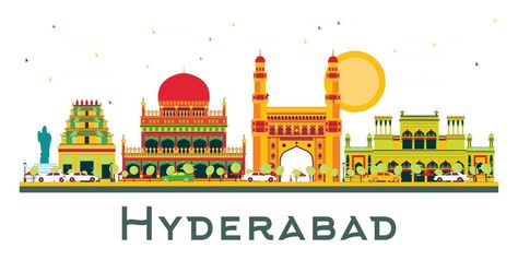 Hyderabad India City Skyline with Color Buildings and Blue Sky Isolated on White. Hyderabad Painting, India Hyderabad, Skyline Artwork, City Skyline Silhouette, Tertiary Color, Bhagat Singh, Paint Repair, Skyline Silhouette, City Skyline