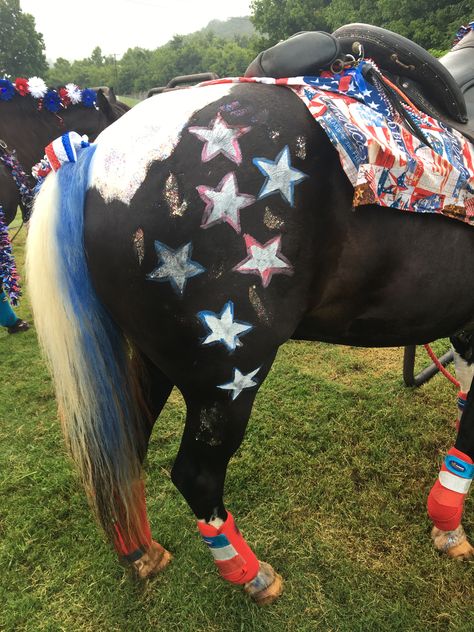 Acrylic paint and stencils used to get this look. 4th Of July Horse Painting Ideas, Horse Painting Ideas, Horse Decorations, Bling Horse Tack, Horse Tack Ideas, Horse Halloween, Tack Rooms, Parade Ideas, 4th Of July Parade