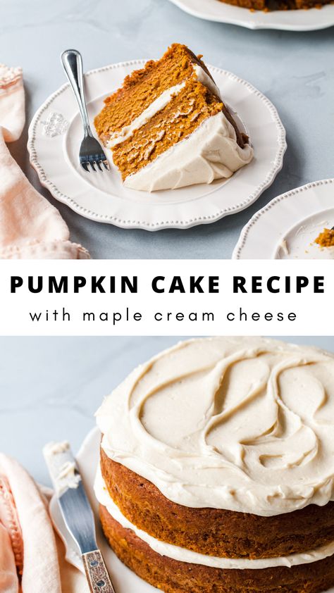 The Best Pumpkin Cake with Maple Cream Cheese Frosting. This two-layer cake doesn’t rely on any bells or whistles to get our mouths’ watering. The simplicity of its moist spice cake and swoops of tangy yet sweet maple cream cheese frosting is all it needs. Best Pumpkin Cake, Caramel Apple Spice Cake, Pumpkin Cake Recipe, Moist Spice Cake, Maple Cream Cheese Frosting, Maple Cake, Maple Cream Cheese, Apple Spice Cake, Birthday Dessert