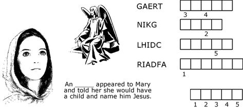 An Angel Appears to Mary - Word Jumble Angel Appears To Mary, Word Jumble, Sunday School Rooms, Childrens Sermons, Christ Centered Christmas, Bible Study Help, Bible Study For Kids, Sunday School Activities, Study Help