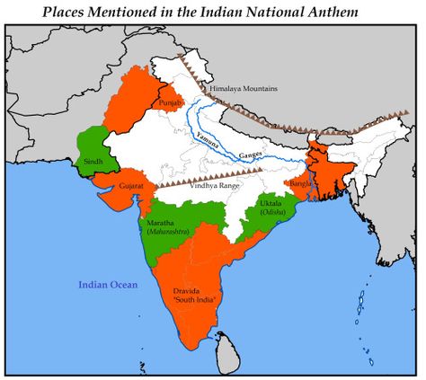 - Places mentioned in the Indian National Anthem. Indian National Anthem, Countries To Visit, National Anthem, South India, Indian Ocean, Map, India, Film