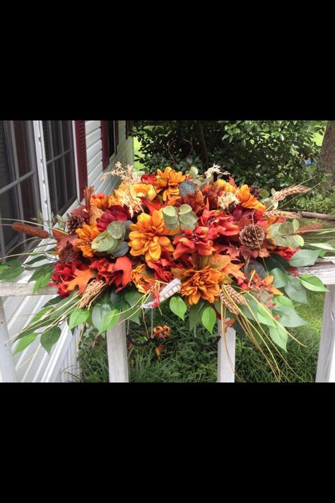 Fall saddle Headstone Arrangements, Cemetery Saddles, Headstone Flowers, Headstones Decorations, Grave Flowers, Cemetery Decorations, Flower Room, Cemetery Flowers, Arrangement Ideas