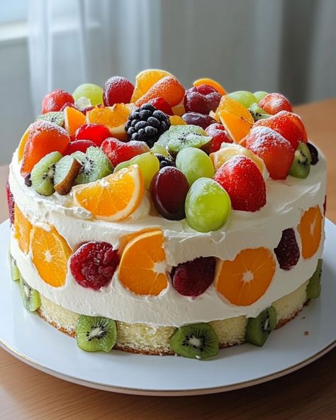 🍰 Fresh Cream Fruit Cake - Fruit Shortcake 🍓🍇 Ingredients: For the Cake: - 1 1/2 cups all-purpose flour - 1 teaspoon baking powder - 1/2 teaspoon baking soda - 1/4 teaspoon salt - 1/2 cup unsalted butter, softened - 1 cup granulated sugar - 2 large eggs - 1 teaspoon vanilla extract - 1/2 cup whole milk For the Whipped Cream: - 2 cups heavy whipping cream - 1/4 cup powdered sugar - 1 teaspoon vanilla extract For the Topping: - Assorted fresh fruits (strawberries, blueberries, kiwi, mango, ... Fruit Shortcake, Kiwi Cake, Cake Fruit, Strawberries Blueberries, Food Tech, Whipping Cream, Fresh Cream, Fresh Fruits, Heavy Whipping Cream