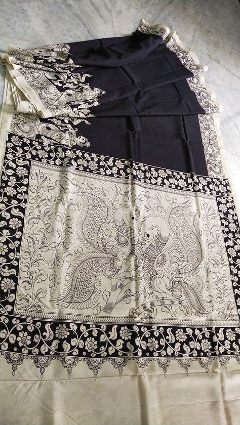 Pattachitra Border Design, Kalamkari Borders Design, Saree Border Designs Drawing, Kalam Kari, Madhubani Saree, Handmade Saree, Kalamkari Designs, Saree Painting Designs, Alpona Design