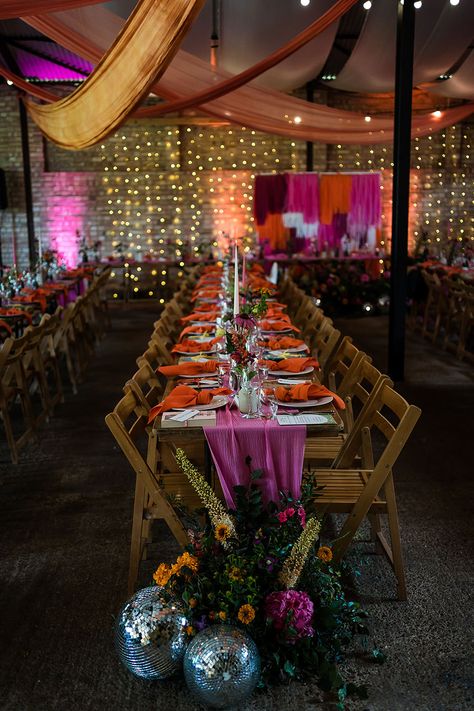 Long Wedding Table Decor, Pink Orange Disco, Long Table Decor, Wedding In The Forest, Wildwood Flower, Wedding Table Setup, Long Table Wedding, 25th Birthday Party, Colorful Weddings