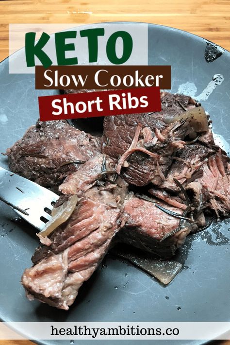 Boneless Beef Short Ribs - Slow Cooker Recipe (Low-Carb and Keto Approved) | Healthy Ambitions Keto Beef Short Ribs Crock Pot, Keto Pork Ribs Crock Pot, Boneless Ribs Crockpot, Beef Ribs Crockpot, Short Rib Recipes Crockpot, Short Ribs Crock Pot, Slow Cooker Short Ribs, Boneless Beef Ribs, Cooking Short Ribs