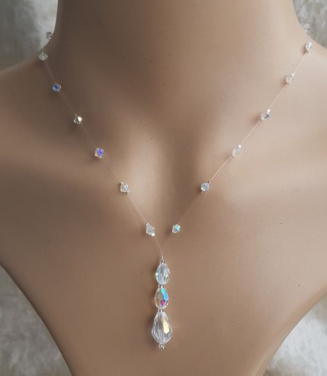 Floating Invisible Transparent Illusion AB Crystal Necklace. AB Crystal Necklace. Gold, Silver, Rose gold Plated Wedding, Bridesmaids Illusion Necklace, Necklace Design, Real Pearls, Organza Gift Bags, Glass Crystal, Silver Rose Gold, Wedding Bridesmaids, Pearl Pendant, Necklace Gold