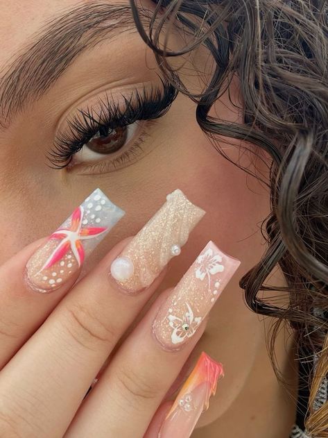 Summer Inspired Nails Acrylic, Mexico Nails Ideas, Beach Nails Designs Acrylic, Summer Gel X Nails Square, Nail For The Beach, Cute Summer Nails Designs Beach, Sparkle Nail Art Designs, Cool Nail Inspo Summer, Summer Sets Nails