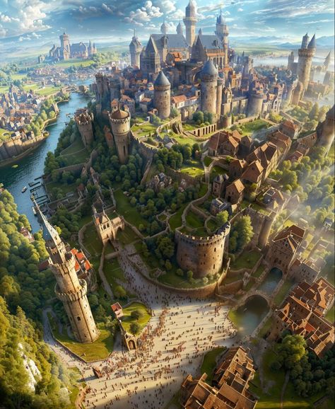 Medieval Fantasy Capital City, Fantasy Location Inspiration, Fantasy Walled City, Dnd World Art, Fantasy Town Square, Dimensional Shambler, Fantasy Capital City, Kingdom Fantasy Castles, Medieval Fantasy City Art