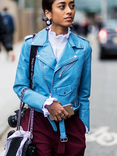 How to Wear a Leather Jacket: 7 Outfits You Haven't Thought of Yet via @WhoWhatWearUK Navy Leather Jacket, Coloured Leather Jacket, Leather Jacket Outfit, Casual Leather Jacket, Blue Leather Jacket, Michael Kors Fashion, Leather Jacket Style, Cropped Leather Jacket, Leather Jacket Outfits