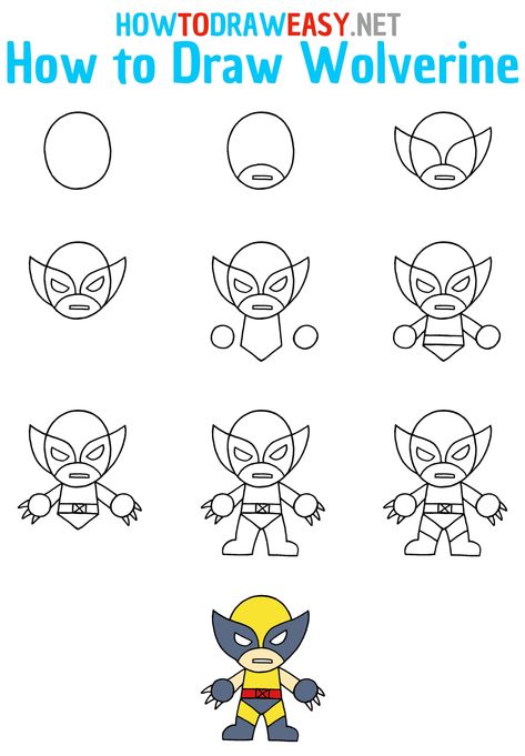 How to Draw Wolverine Step by Step #XMen #Wolverine #Logan #Mutants #Marvel #MarvelDrawing #ComicDrawing #ComicBook #WolverineDrawing #Drawing #Drawings #DrawingTutorial #Painting #Art #ArtWork Superheroes Drawings Easy, How To Draw Superhero, Wolverine Drawing Easy, How To Draw Super Heroes, Marvel Art Drawings Easy, Marvel Doodles Easy, Wolverine Doodle, Step By Step Drawing For Kids, How To Draw Wolverine