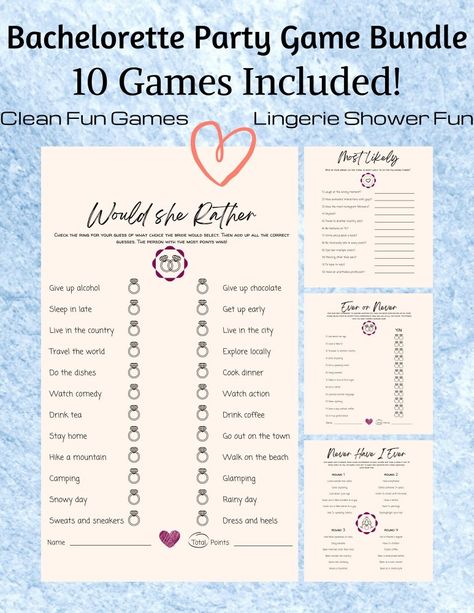 10 game bundle of clean bachelorette party games! Never Have I Ever, Would She Rather & more included. Use for a lingerie shower as well. Clean Bachelorette Games | Bachelorette Games | Fun Shower Games Clean Bachelorette Party Games, Lingerie Party Games, Clean Bachelorette Party, Lingerie Shower Games, Fun Shower Games, Bachelorette Party Game, Would She Rather, Giving Up Alcohol, Bachelorette Games