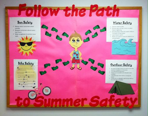 Last school nurse bulletin board of the year for my office. Follow the path to summer safety. Sun, water, bike and outdoor safety tips. #rn #aschoolnurselife #bulletinboard Summer Safety Bulletin Board Ideas, Safety Bulletin Board, Nurse Clinic, Nurse Poster, Teaching Safety, Summer Wellness, Nurse Bulletin Board, Health Bulletin Boards, Nurse Ideas