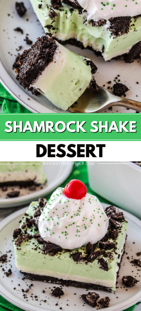 Shamrock Shake Lasagna, delicious layers of Oreo crust, cream cheese, and a whipped Shamrock Shake mixture & topped with crushed Oreo’s! Shamrock Shake Lasagna Recipe, Shamrock Shake Lasagna, Shamrock Shake Desserts, Keto Shamrock Shake Recipe, Shamrock Shakes, Homemade Shamrock Shake, Sweet Easy Recipes, Oreo Cream, Mint Oreo