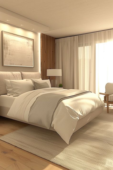 Transform Your Bedroom: A Guide to Luxurious & Minimalist Decor Wooden Feature Wall, Translucent Curtains, Dark Wooden Floor, Cream Bedrooms, Fancy Bedroom, Simple Bedside Tables, Beige Room, Simple Bedroom Decor, White Linens