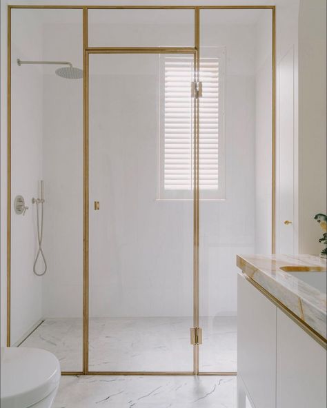 Marta Chrapka’s Instagram post: “Brass shower glass frame was one of the most difficult element in this project. We decided not to cover the brass with lacquer and produce…” Complex Interior Design, Shower Glass, Brass Shower, Glass Frame, Shower Door, Laundry In Bathroom, Glass Frames, Glass Shower, Beautiful Interiors