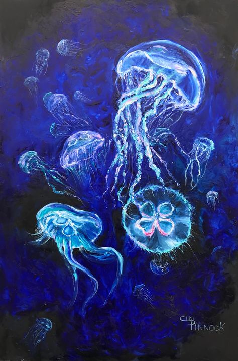 "This is a one of a kind, original oil painting of jellyfish, swimming above the coral reef. This was created using a unique blend of impressionistic fingerpainting and detailed brushwork by the artist, Cindy Pinnock. It is a 24 inch horizontal by 36 inch vertical oil painting on canvas it is framed in a black folding frame, wired and ready to display. Ships in 1 to 3 days, included with the shipment is a \" Certificate of Authenticity\" signed by the artist, Cindy Pinnock.  FREE SHIPPING." Sea Life Aquarium, Sea Life Painting, Moon Jellyfish, Ocean Drawing, Jellyfish Painting, Jellyfish Art, Painting Ocean, Canvas Painting Designs, Sea Painting