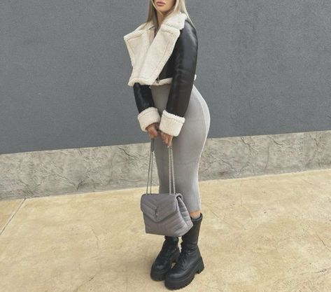 Leather Jacket Maxi Dress, Grey Turtleneck Dress Outfit, Grey Outfits For Women Black Women, Long Dress With Leather Jacket, Grey Dress Outfit Fall, Body Con Dress Outfit Winter, Grey Ankle Boots Outfit, Turtle Neck Dress Outfit, Dress With Leather Jacket