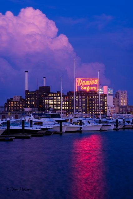 Baltimore's Inner Harbor at Twilight highlighting the Domino Sugar building. Federal Hill Baltimore, Baltimore Photography, Baltimore Harbor, Baltimore Inner Harbor, Class List, Twilight Photos, Charm City, Baltimore City, Usa Cities