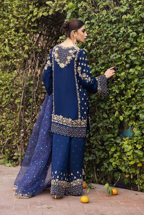 Blue Sharara, Salwar Kameez Pakistani, Pakistani Designer Clothes, Pakistani Clothes, Velvet Dress Designs, Pakistani Wedding Dresses, Pakistani Bridal Wear, Designer Party Wear Dresses, Boutique Dress Designs