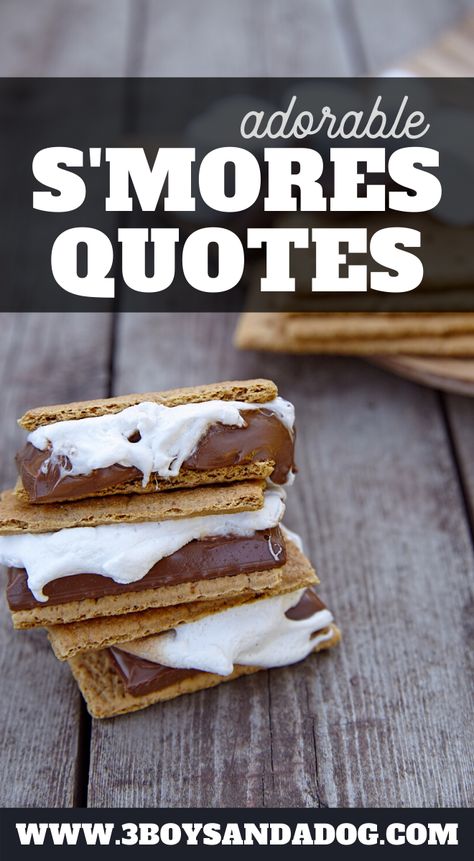 Check out these cute s'mores quotes! Not only are they adorable and "punny" but they're also perfect for making someone crave s'mores as well!  #smores #smoresquotes #funquotes #3boysandadog S’mores Party Invitation, Smore Goodie Bags, S’mores Treat Bags, Smores Sayings Cute, S’mores In A Jar, S’more Gift Ideas, Smores Graduation Party, S’more Basket Ideas, S’more Bulletin Board