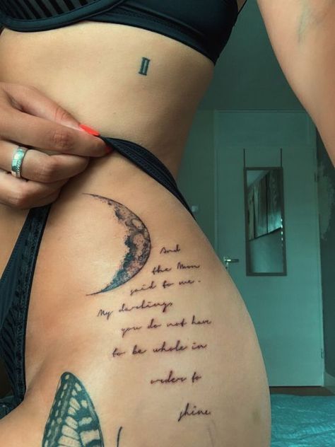 Discover the allure of Moon phase tattoos. We will explore the best designs and insights on choosing the ideal placement. Tattoos With The Moon, Poems For Tattoos, Cute Word Tattoos For Women, Poem Tattoos Women, Moon Tattoo With Quote, Tattood Bodies Woman, Moon Back Tattoo Women, Moon Related Tattoos, Woman Moon Tattoo