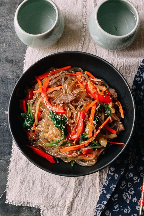 Japchae (Korean Glass Noodles), by thewoksoflife.com Gluten Free Korean Recipes, Kimchi Soup Recipe, Korean Noodle Dishes, Korean Glass Noodles, Easy Korean Recipes, Wok Of Life, Korean Noodles, Kimchi Fried Rice, Kimchi Recipe