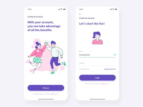 Create account app design concept. by Osama Dawood Create Account Ui Design, Ux Tips, Onboarding Ui, Login Design, Beauty Apps, App Ideas, Apps Design, Beauty App, Create Account