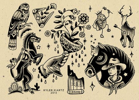 Idaho flash | Flickr - Photo Sharing! American Traditional Moose Tattoo, Cowboy Flash Sheet, Cowboy Flash Tattoo, Cowboy Flash, Western Traditional Tattoo, Traditional Western Tattoo, American Traditional Flash Sheet, Western Flash, Traditional Flash Sheet