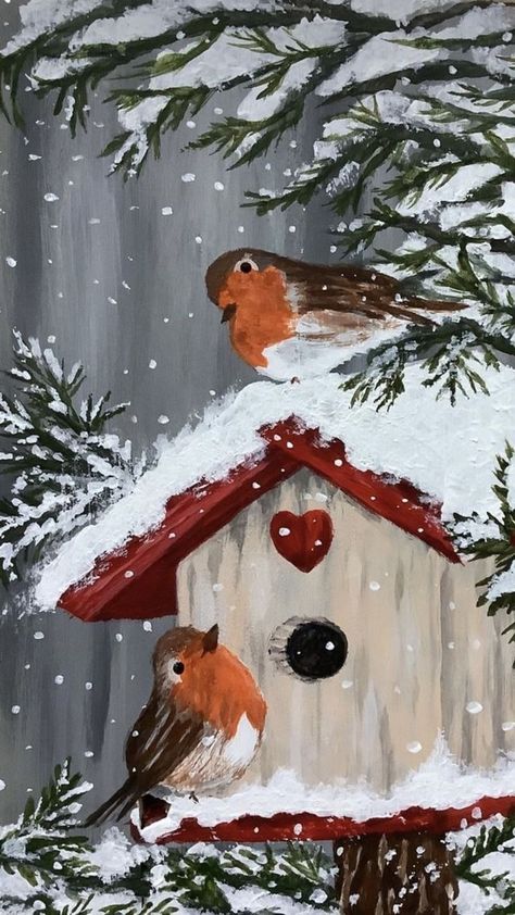 Canvas Painting Ideas Winter, Valentines Painting, Christmas Canvas Art, Winter Art Projects, Christmas Paintings On Canvas, Canvas Painting Tutorials, Wood Painting Art, Christmas Card Art, Holiday Painting