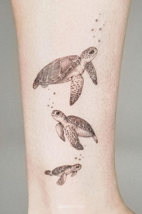 Looking for Sea Turtle Tattoos?! If you're looking for sea turtle tattoo ideas, whether simple or realistic sea turtle tattoos - These are the perfect sea turtle tattoos for women Triple Turtle Tattoo, Swimming Sea Turtle Tattoo, Sea Turtle Family Tattoo Ideas, Turtle Tattoo On Ribs, Black And White Sea Turtle Tattoo, Two Sea Turtles Tattoo, 3 Turtles Tattoo, Best Friend Turtle Tattoos, Three Turtles Tattoo