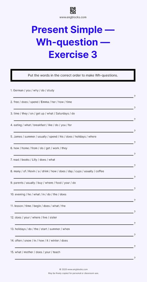 Put the words in the correct order to make Wh-questions. Follow the link to download this worksheet FREE. Print-friendly. Answer key included. #english #englishgrammar #englishtenses #eslworksheets #esl #eslwebsite #presentsimple #engblocks How To Make Questions In English, How To Make Questions Worksheet, Make Questions Worksheets, Present Simple Wh Questions Worksheets, Making Questions Worksheet, Question Words Worksheet, Wh Questions Worksheet, English Conversation Worksheets, Wh Questions Exercises