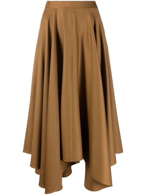 handkerchief-hem draped long skirt from FABIANA FILIPPI featuring brown, virgin wool blend, draped detailing, handkerchief hem, high waist and mid-calf length. | Fabiana Filippi Handkerchief-Hem Draped Long Skirt Yule Ball Gowns, Bougie Style, Hankerchief Skirt, Handkerchief Skirt, Noble Lady, Soft Dramatic, Fashion Basics, Umbrella Skirt, Yule Ball