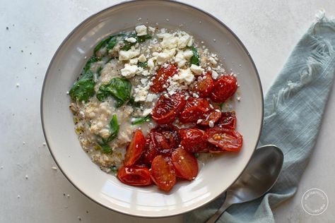 Savory Spinach, Tomato, Feta Oats Oatmeal And Eggs, Oat Flour Recipes, Eggs Spinach, Savory Oatmeal, Spinach Tomato, Oatmeal Bowls, Healthy Blueberry, Spinach And Feta, Savory Breakfast