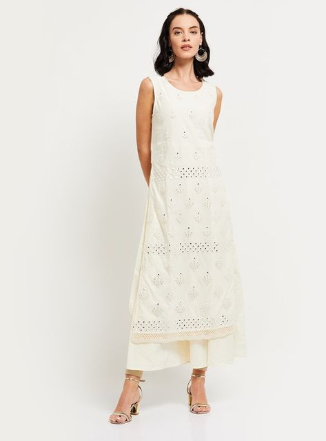 MAX Schiffli Embroidery Sleeveless Straight Kurta | White | Embroidered Shalwar Kameez Sleeveless, White Sleeveless Kurti, Schiffli Kurta, Sleeveless Kurti, Salwar Design, White Churidar, Sleeveless Kurta, Elegant White Dress, Max Fashion