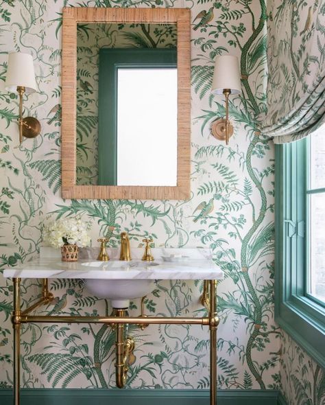 Thistle Wallpaper, Wallpaper Powder Room, Glam Pad, Powder Room Wallpaper, Tropical Bathroom, Sandberg Wallpaper, Powder Room Ideas, Powder Room Design, Chinoiserie Chic