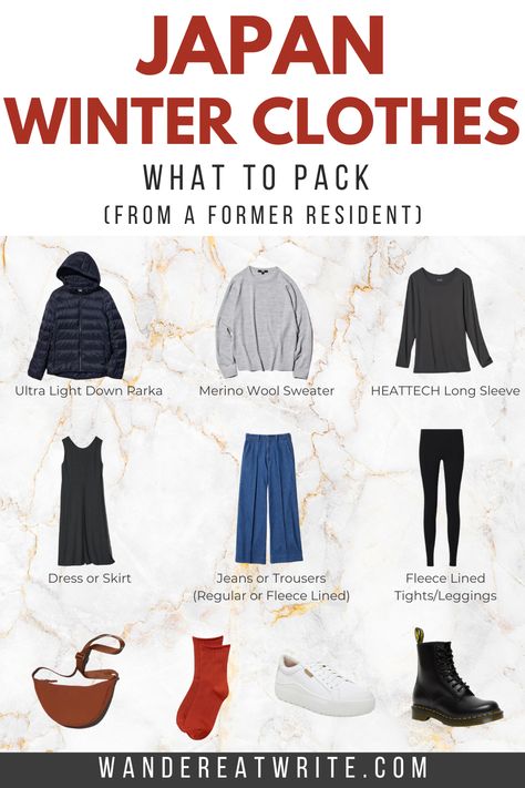 Planning a trip to Japan this winter but not sure what clothes to pack? Get all the advice from a former resident here on what to wear in Japan in winter with this packing list. Click for tips on layering and essential items for a comfortable winter journey in Japan. //  japan packing list winter | packing for japan winter | packing light for winter travel japan | winter packing list japan | japan winter travel packing What To Wear In Japan Winter, Japan Winter Packing List, Japan In December Outfit, Japan January Outfit, Packing List Japan, Japan Winter Outfit Women, Winter Japanese Outfits, Japan Ootd Winter, Packing For Japan